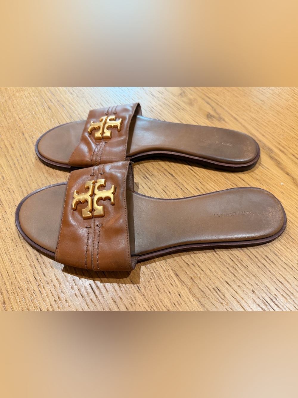 Tory Burch Brown Leather Slide Sandals with Gold Logo